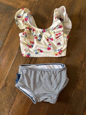 Ruffle Butts Cream Floral Ruffle Bikini Top with Navy Stripe Bottom